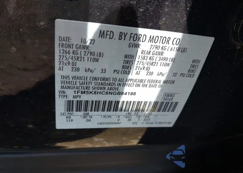 2022 Ford Explorer Platinum z USA, uszkodzony, nr VIN 1FM5K8HC8NGB84188